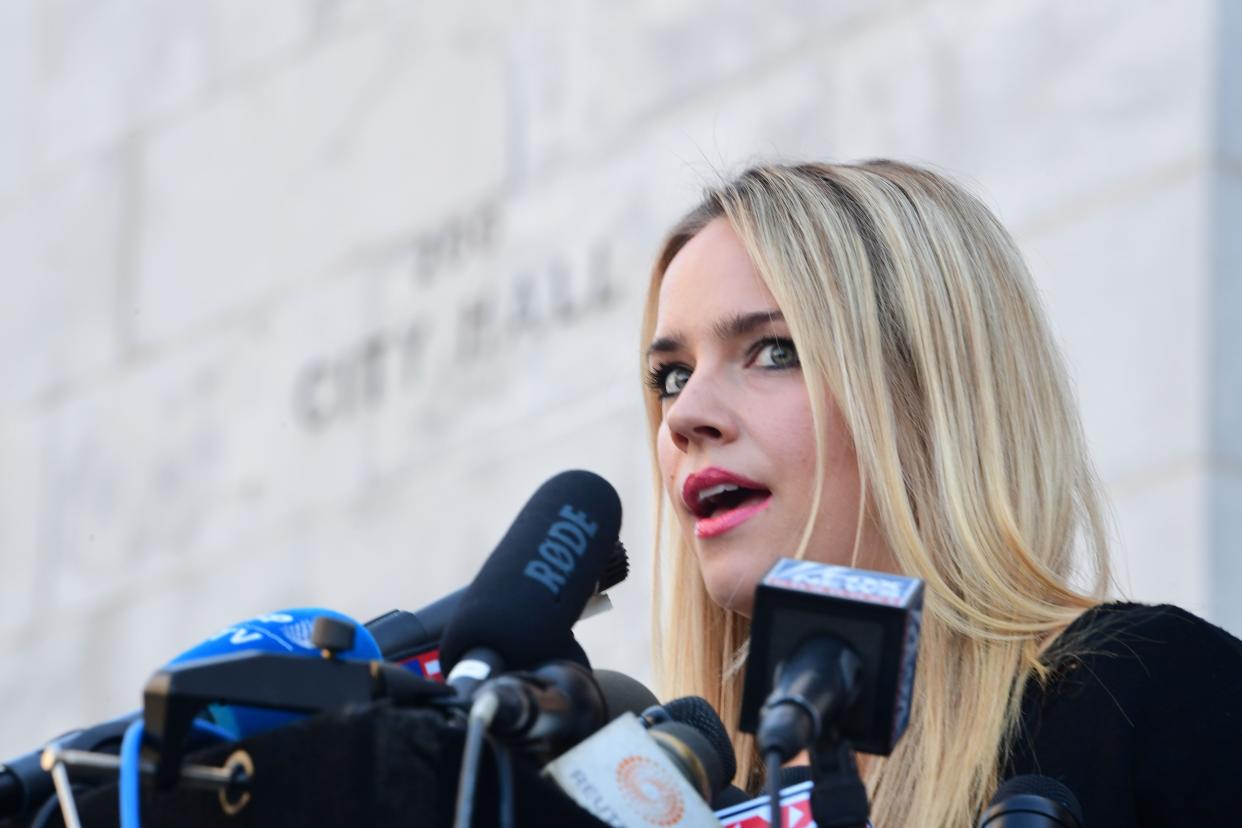 Jessica Barth speaking at a press conference following Harvey Weinstein's guilty verdict in Los Angeles on Feb. 25, 2020.