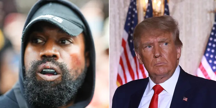 Kanye West aka Ye is seen wearing a Balenciaga boxing mouthguard, outside Givenchy, during Paris Fashion Week, and Former U.S. President Donald Trump leaves the stage after speaking during an event at his Mar-a-Lago home on November 15, 2022 in Palm Beach, Florida.