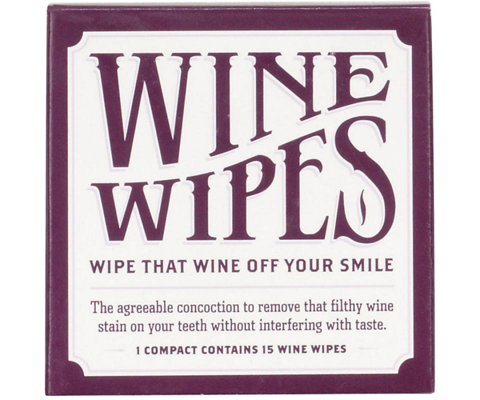 <p>Keep your smile bright when sipping wine with these handy-dandy wine wipes.</p> <p>$9 | <a rel="nofollow noopener" href="http://www.anrdoezrs.net/links/7799179/type/dlg/sid/ISAHNationalWineDayShopping2017/http://www.papersource.com/item/Wine-Teeth-Wipes/718122673032.html" target="_blank" data-ylk="slk:papersource.com;elm:context_link;itc:0;sec:content-canvas" class="link ">papersource.com</a></p>