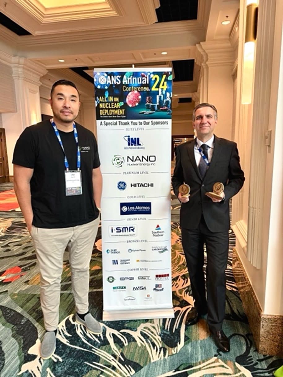 Jay Jiang Yu, Executive Chairman and President of NANO Nuclear Energy Inc. alongside Professor Massimiliano Fratoni, Ph.D., Senior Director and Head of Reactor Design, who was awarded the Untermyer & Cisler Reactor Technology Metals at the 2024 Annual Conference Hosted by the American Nuclear Society.