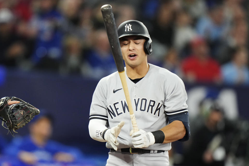 New York Yankees' Anthony Volpe reacts after striking out against the Toronto Blue Jays during the eighth inning of a baseball game Wednesday, May 17, 2023, in Toronto. (Frank Gunn/The Canadian Press via AP)