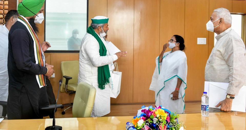 BKU Spokesperson Rakesh Singh Tikait meets West Bengal CM Mamata Banerjee at State Secretariat, Nabanna, in Kolkata, on Wednesday, 9 June.