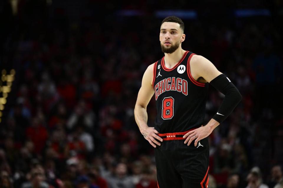 Mar 24, 2023; Portland, Oregon, USA; Chicago Bulls guard Zach LaVine (8) waits during a break in the action during the second half against the Portland Trail Blazers at Moda Center. Mandatory Credit: Troy Wayrynen-USA TODAY Sports