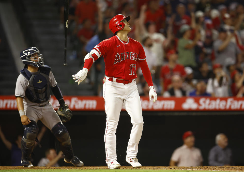 ANAHEIM, CALIFORNIA - JULY 17:  Shohei Ohtani #17 of the Los Angeles Angels after hitting a two-run home run against the New York Yankees in the seventh inning at Angel Stadium of Anaheim on July 17, 2023 in Anaheim, California. (Photo by Ronald Martinez/Getty Images)