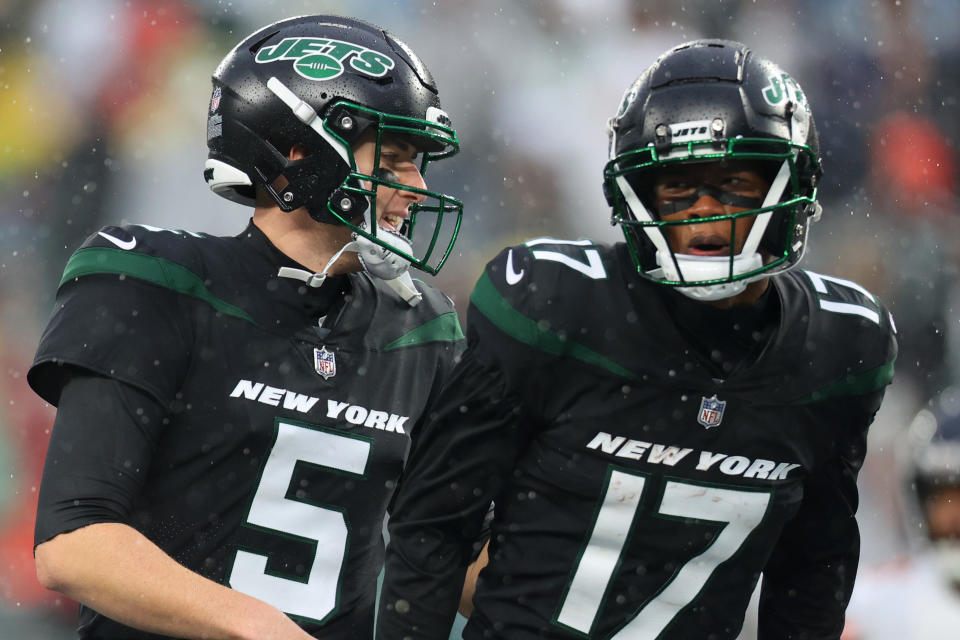 The Jets' skill players, like wide receiver Garrett Wilson (17), sure seemed excited Mike White was the starting quarterback Sunday. (Photo by Mike Stobe/Getty Images)
