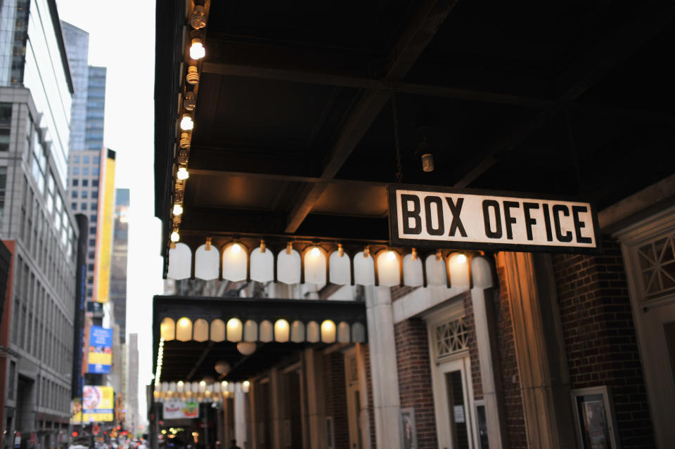 "Box office sign of off-Broadway theater near Times Square in New York City, New York."