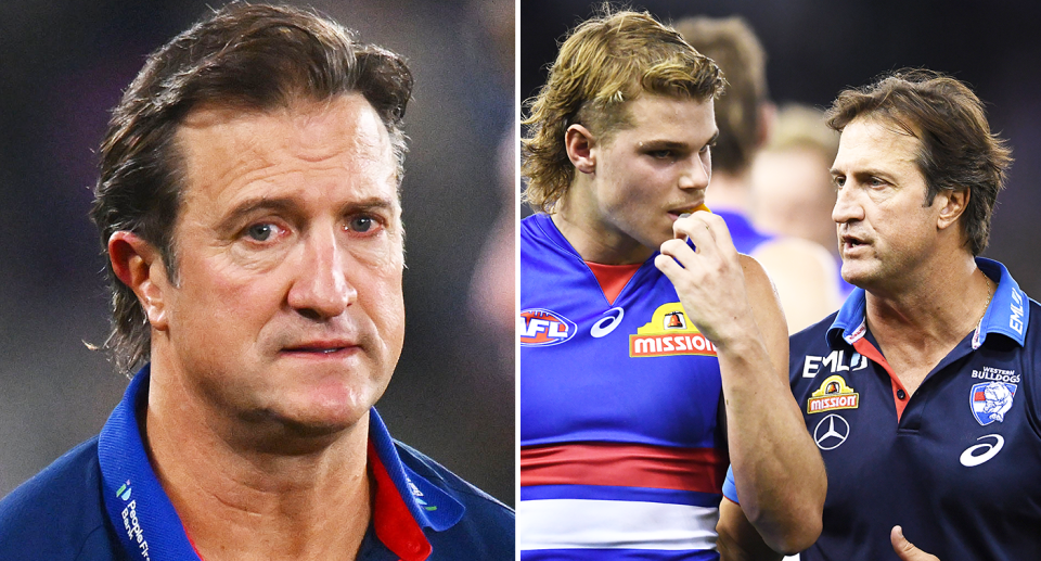 Pictured left Luke Beveridge and right with Bailey Smith