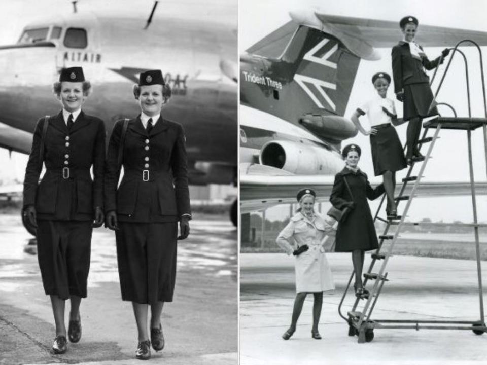 Female flight attendants wearing uniforms from 1945 (left) and the 1960s (right).