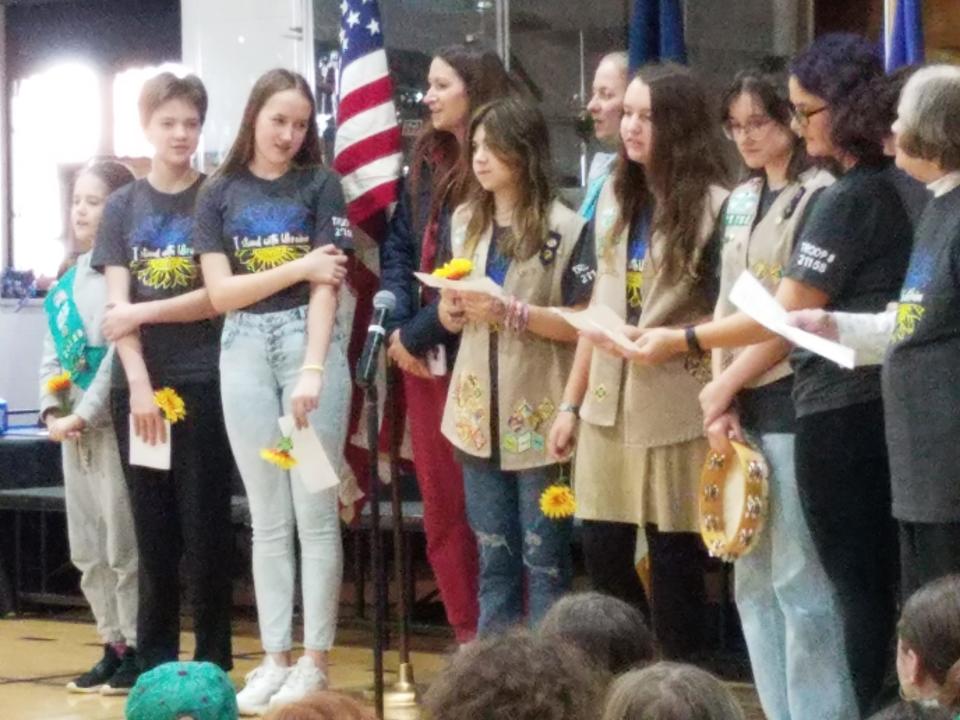Ukrainian members of Oak Ridge Cadette Troop 21158 helped their troop sing a Ukrainian independence song at the recent Girl Scout International Festival.