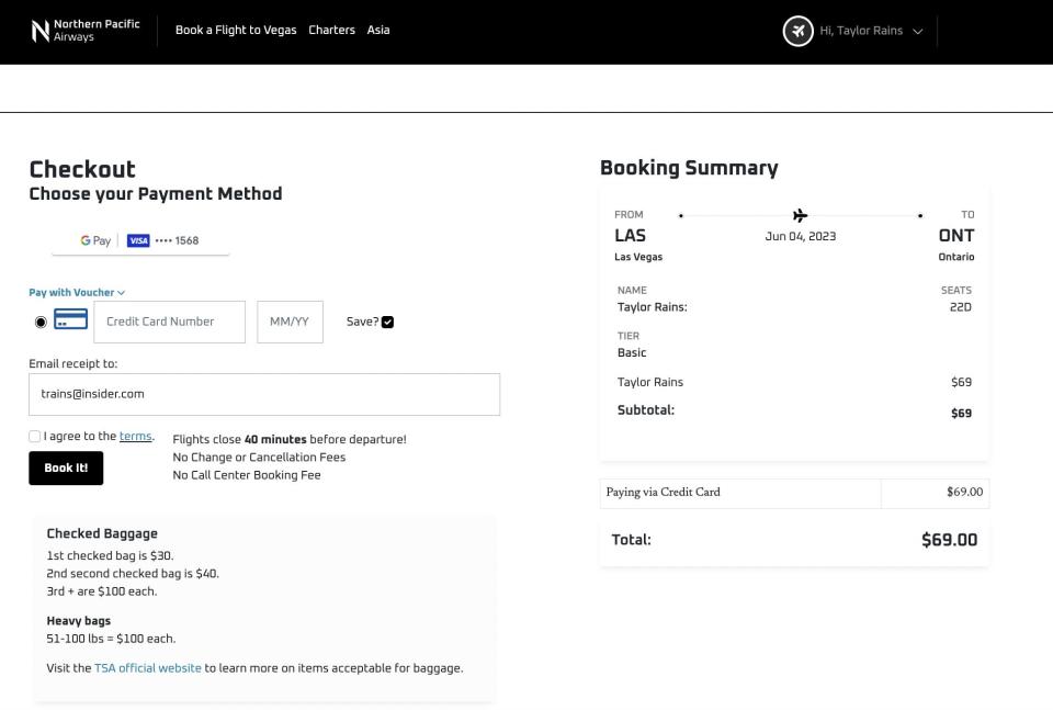 A screenshot of Northern Pacific Airway's booking process on its website.