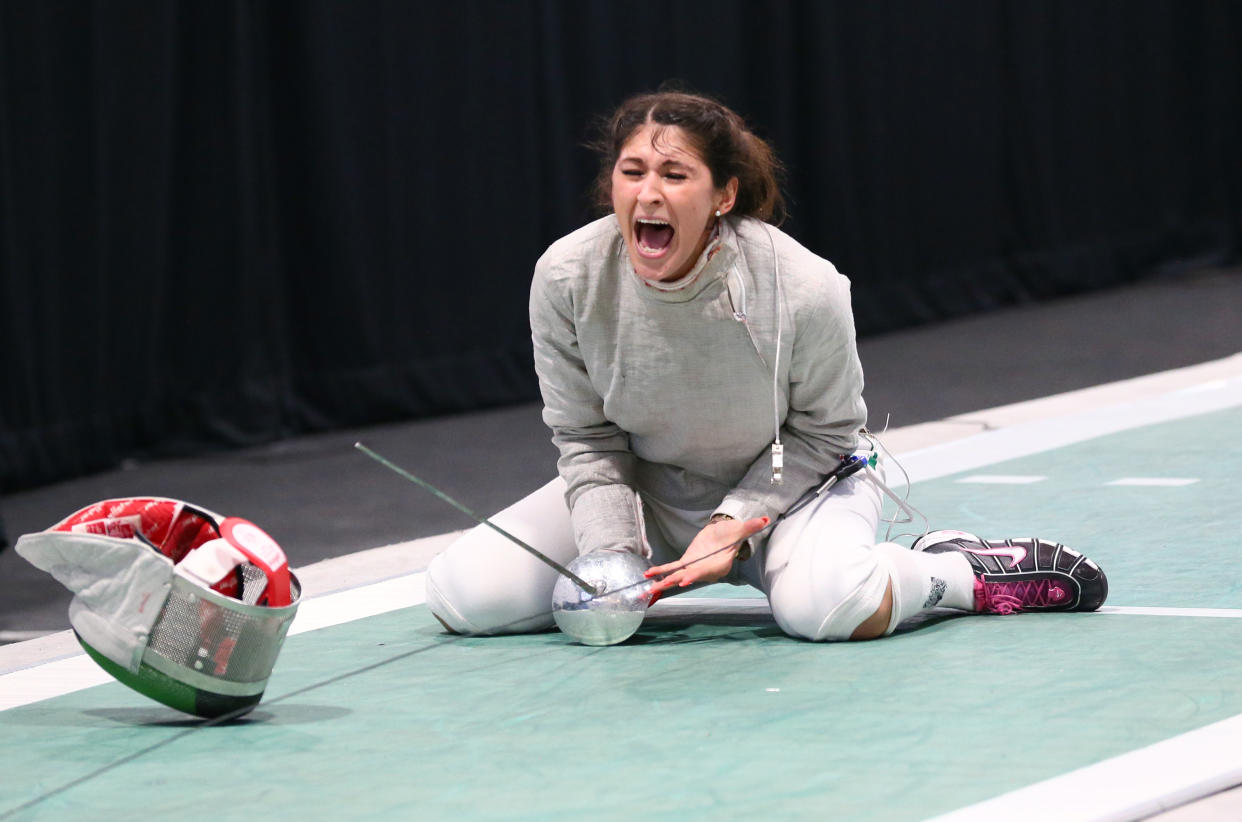 MONTREAL, CANADA - JUNE 17:   Paola Pliego of Mexico celebrates making the winning touch during the gold medal match in the Team Women's Sabre event on June 17, 2017 at the Pan-American Fencing Championships at Centre Pierre-Charbonneau in Montreal, Quebec, Canada. (Photo by Devin Manky/Getty Images)