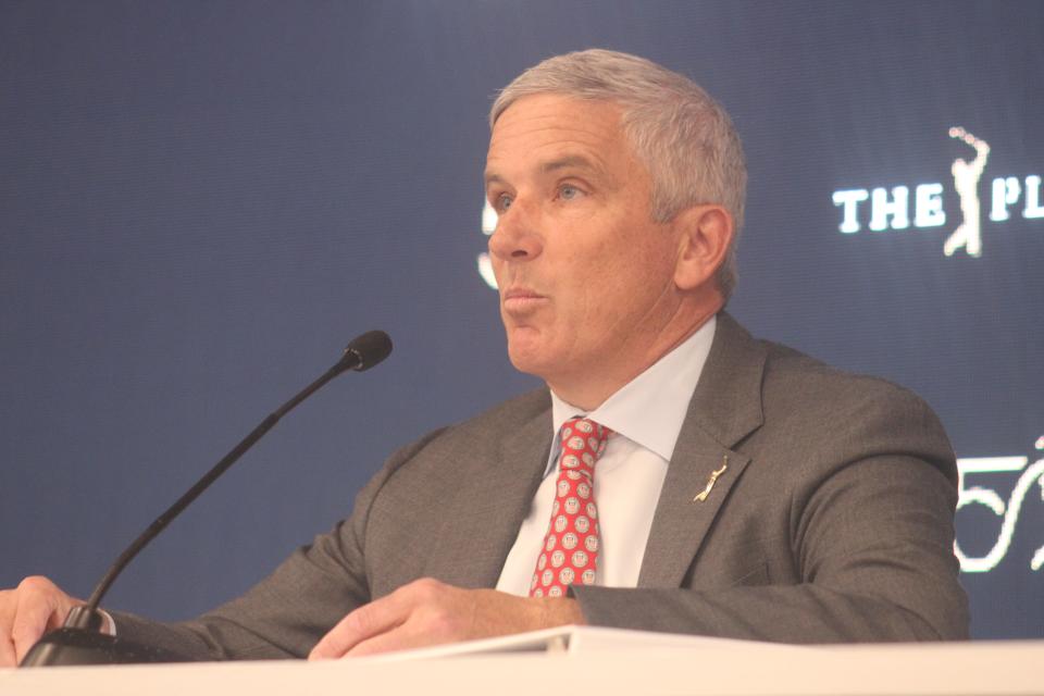 PGA Tour commissioner Jay Monahan spoke at a news conference on Tuesday at The Players Championship Media Center.