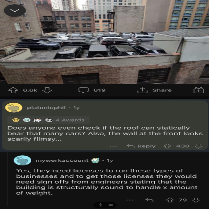 Reddit post of photo of unstable-looking parking garage on roof