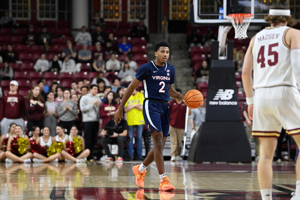 Feb 28, 2024; Chestnut Hill, Massachusetts, USA; Virginia Cavaliers guard Reece Beekman (2) dribbles the ball against against the Boston College Eagles during the first half at Conte Forum. Eric Canha-USA TODAY Sports