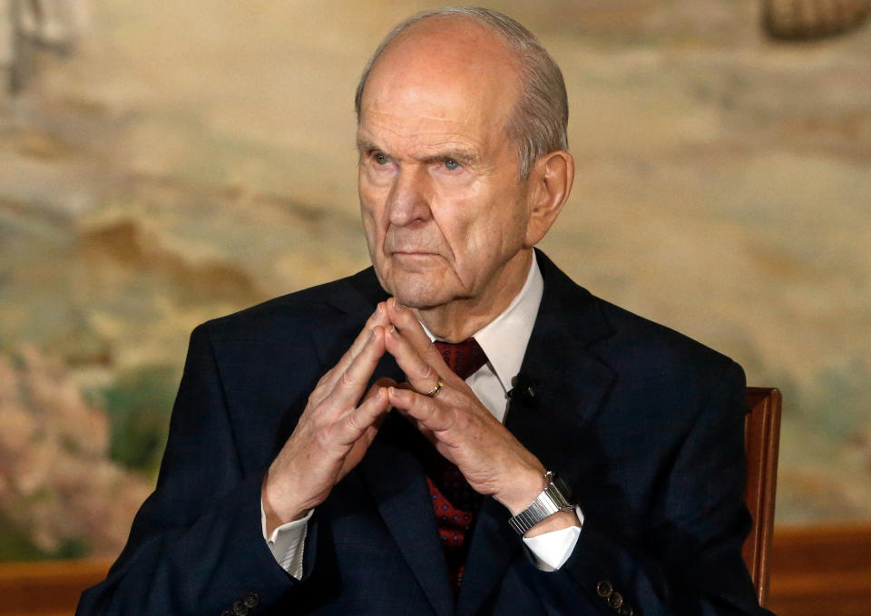 FILE - In this Jan. 16, 2018, file photo, The Church of Jesus Christ of Latter-day Saints President Russell M. Nelson looks on following a news conference, in Salt Lake City. The Church of Jesus Christ of Latter-day Saints is repealing rules unveiled in 2015 that banned baptisms for children of gay parents and made gay marriage a sin worthy of expulsion. The surprise announcement Thursday, April 4, 2019, by the faith widely known as the Mormon church reverses rules that triggered widespread condemnations from LGBTQ members and their allies. (AP Photo/Rick Bowmer, File)
