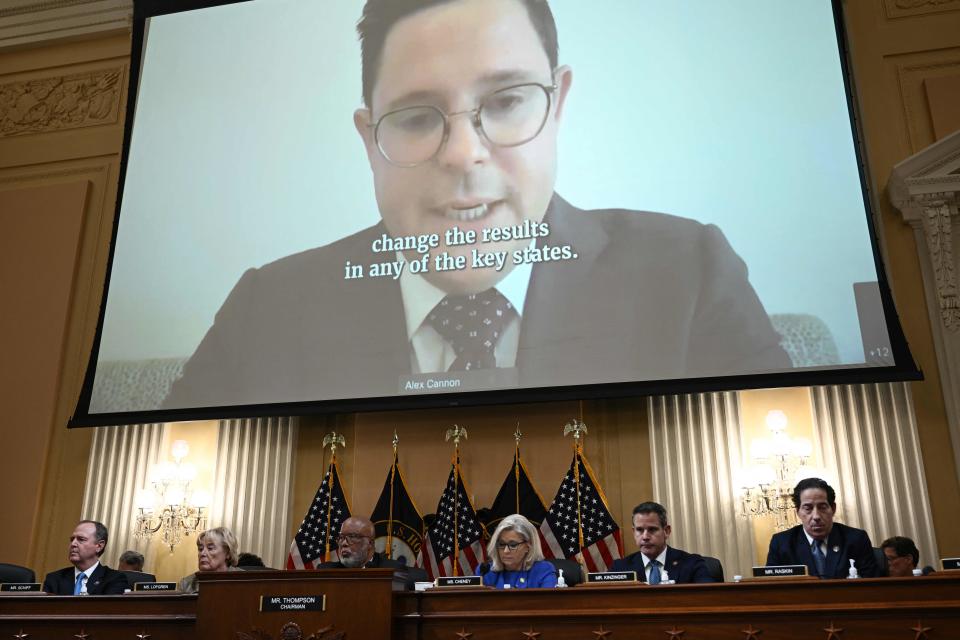 Alex Cannon, Trump campaign lawyer, is seen onscreen during a House Select Committee hearing to Investigate the January 6th attack on the US Capitol, in the Cannon House Office Building on Capitol Hill in Washington, DC on June 9, 2022.