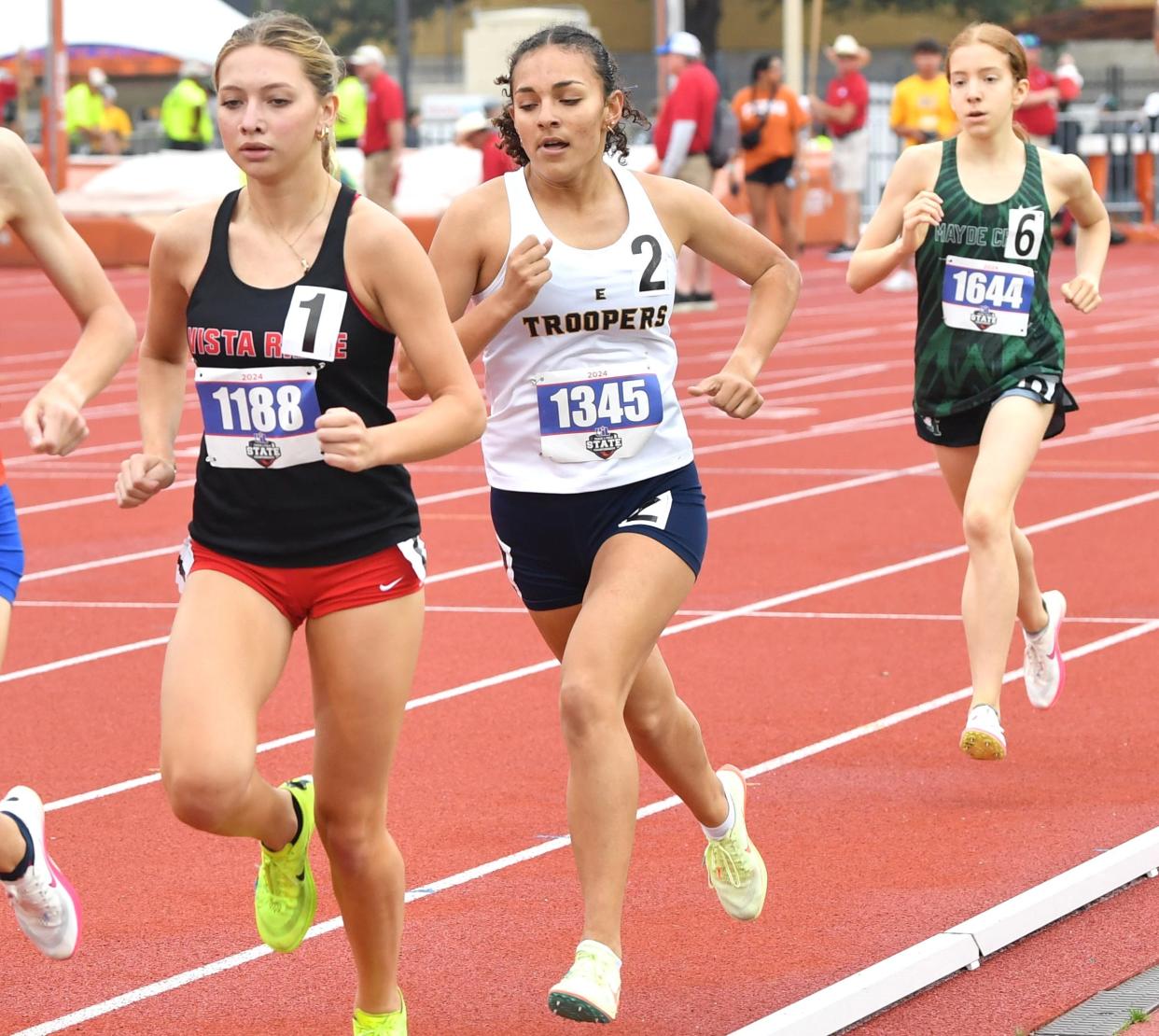 El Paso Eastwood's Adelynn Rodriguez (2) competes in the girls 3,200-meter run during the Class 6A UIL State track and field meet on Saturday, May 4, 2024 at Mike A. Myers Stadium in Austin.