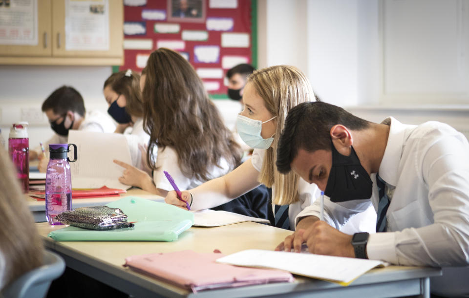 S5 and S6 pupils at St Columba's High School in Gourock, Inverclyde, wear protective face masks during their history lesson. (Photo by Jane Barlow/PA Images via Getty Images)