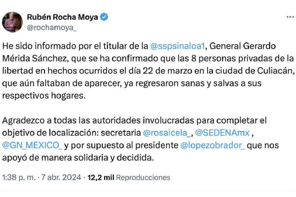 Mensaje del gobernador de Sinaloa sobre la liberación de las personas secuestradas en Culiacán.