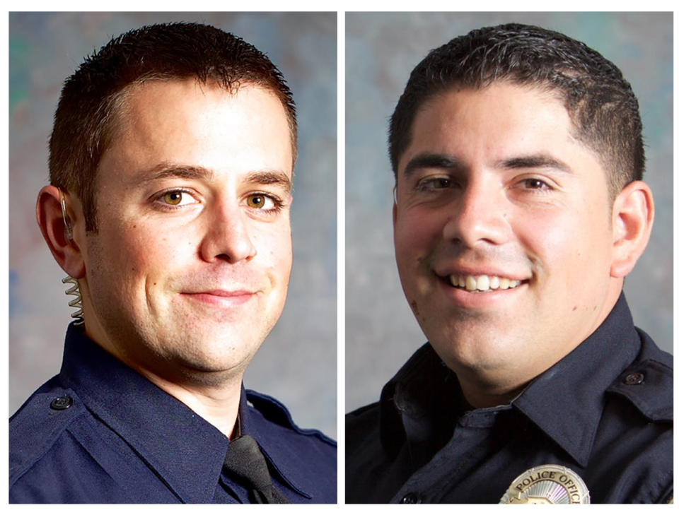 This combo of undated photos provided by the San Luis Obispo, Calif., Police Department shows San Luis Obispo Police Det. Luca Benedetti, left, and Det. Steve Orozco. Benedetti was shot and killed while serving a search warrant, Monday, May 10, 2021, in a shootout in the Central Coast city. Det. Orozco, who was injured in the shooting, was released from the hospital and is expected to recover from his wounds, authorities said Tuesday, May 11, 2021. (San Luis Obispo Police Department via AP)