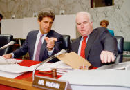 <p>Sen. John Kerry, chairman of the Senate POW/MIA Committee, left, with McCain, a former POW, before a hearing of the committee in 1992. (Photo: John Duricka/AP) </p>