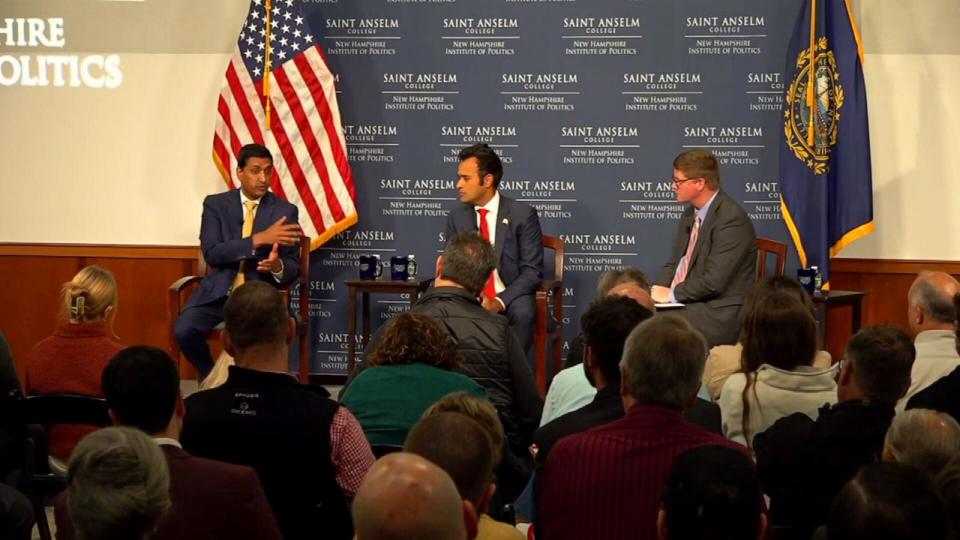 PHOTO: Vivek Ramaswamy, center, debates Ro Khanna at Saint Anslem Colleg in Manchester, N.H., Nov. 1, 2023. (ABC News)