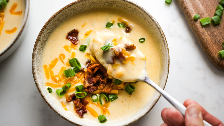 bacon garnished potato soup bowl