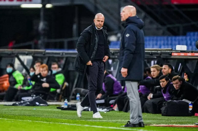 Feyenoord coach Arne Slot, Ajax coach Erik ten Hag during the Dutch Eredivisie match between Feyenoord and Ajax at Feyenoord Stadium de Kuip on December 19, 2021 in Rotterdam, Netherlands.