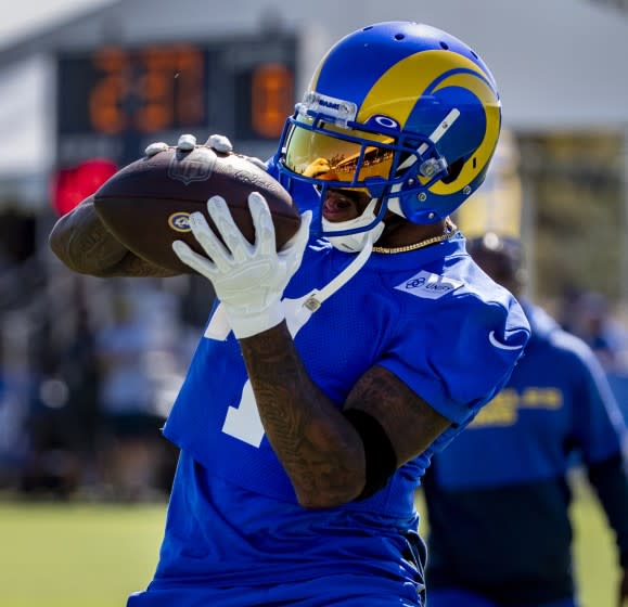 IRVINE, CA - JULY 28, 2021: Rams new wide receiver DeSean Jackson (1) pulls in a pass.