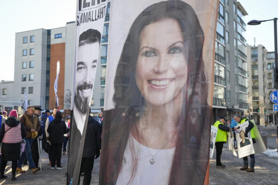 Election posters are seen in Espoo, Finland, Saturday, April 1, 2023. A parliamentary election in Finland on Sunday is shaping up as an extremely close race between three parties as Prime Minister Sanna Marin's Social Democrats fight to secure a second term running the government. (AP Photo/Sergei Grits)