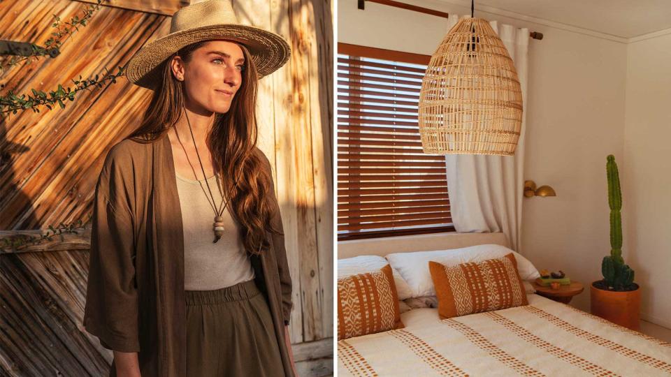 Pair of photos from Joshua Tree House. One shows owner Sara Combs, and one shows a bedroom at the property
