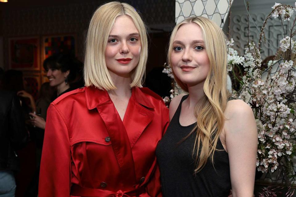 <p>Dimitrios Kambouris/Getty Images</p> Elle Fanning and Dakota Fanning on March 26, 2024