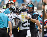 Jacksonville Jaguars running back James Robinson (25) celebrates with head coach Doug Pederson after a touchdown against the Indianapolis Colts during the first half of an NFL football game, Sunday, Sept. 18, 2022, in Jacksonville, Fla. (AP Photo/John Raoux)