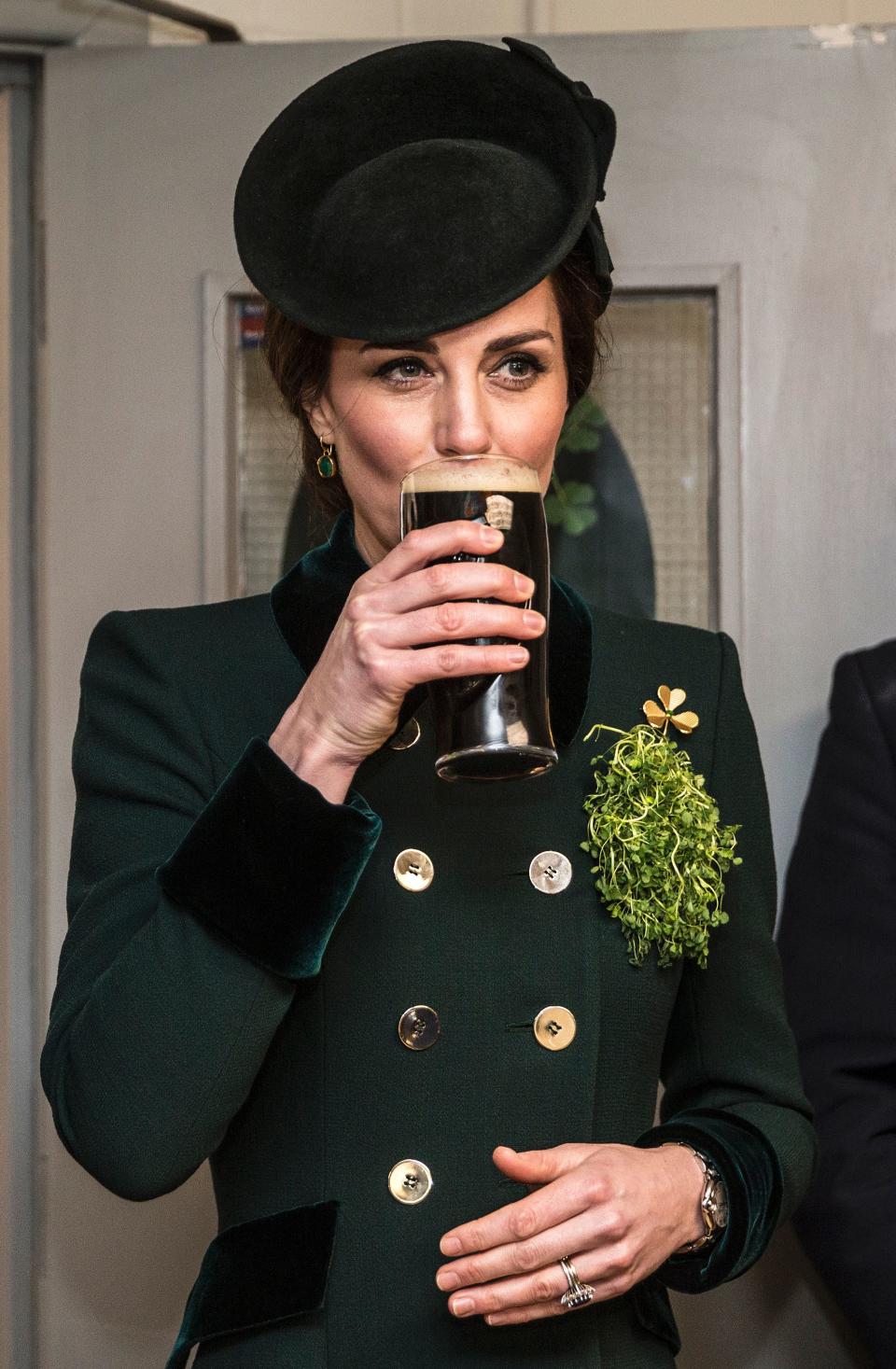 <p>The royal accessorised with a matching green hat and heels and finished off the look with a delicate pair of gold and green onyx Monica Vinader earrings. <em>[Photo: Getty]</em> </p>