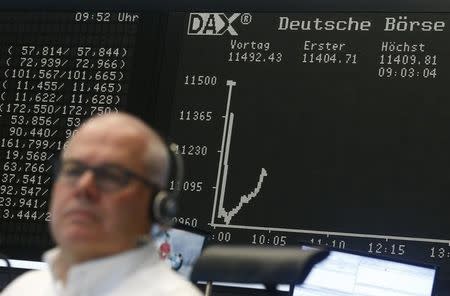 A trader sits in front of the DAX board at his desk at the Frankfurt stock exchange, Germany, June 29, 2015. REUTERS/Ralph Orlowski