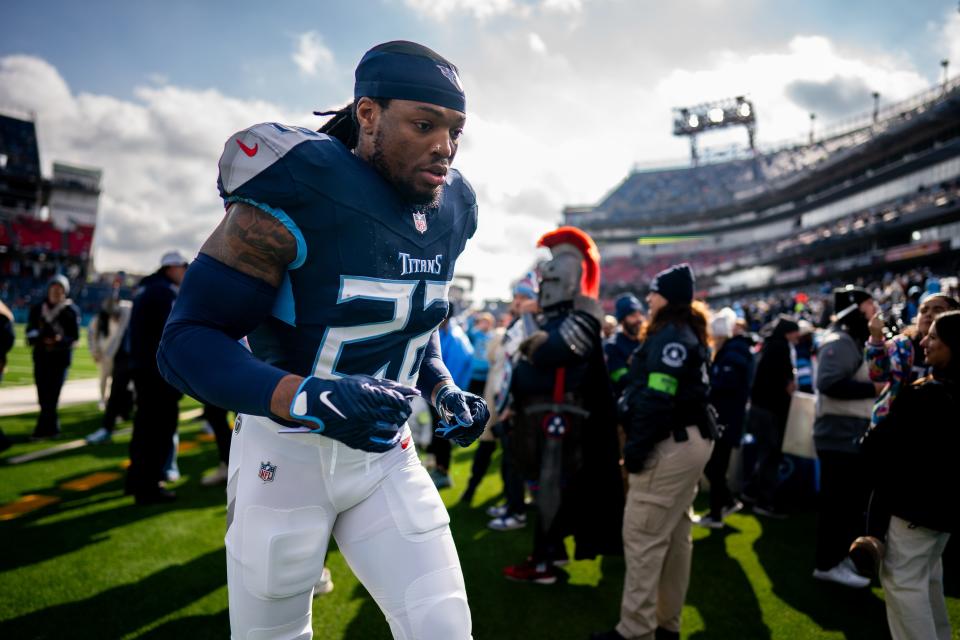 Tennessee Titans running back Derrick Henry heads to the locker room after warm ups before a game against the Jacksonville Jaguars at Nissan Stadium in Nashville, Tenn., Sunday, Jan. 7, 2024.
