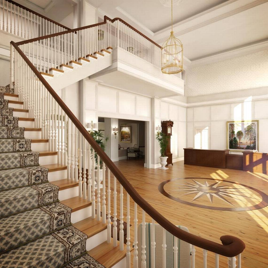 A rendering shows the lobby of Montage Palmetto Bluff, which features a sweeping staircase, reclaimed pine flooring and an antique grandfather clock.