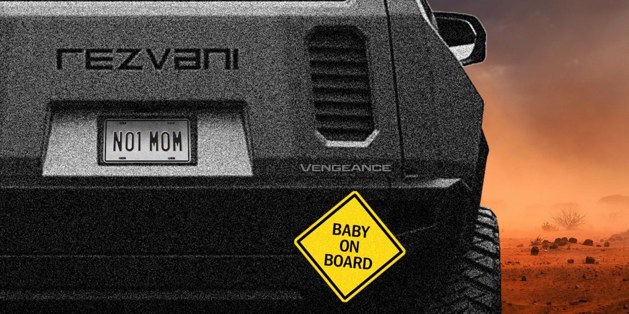 The rear bumper of the Rezvani Vengeance armored SUV is shown with a Baby On Board bumper sticker and NO1 MOM license plate. In the background is an apocalyptic landscape.