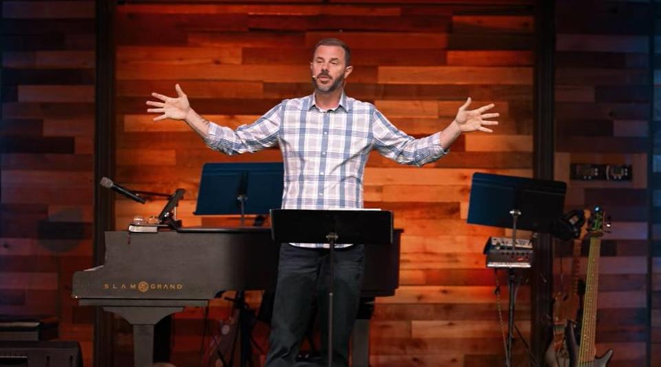 John-Paul Miller speaks during a sermon at Solid Rock Church in Market Common in Myrtle Beach. He announced the death of his wife, Mica Miller, during a sermon to the congregation, a day after her death on April 27, 2024.