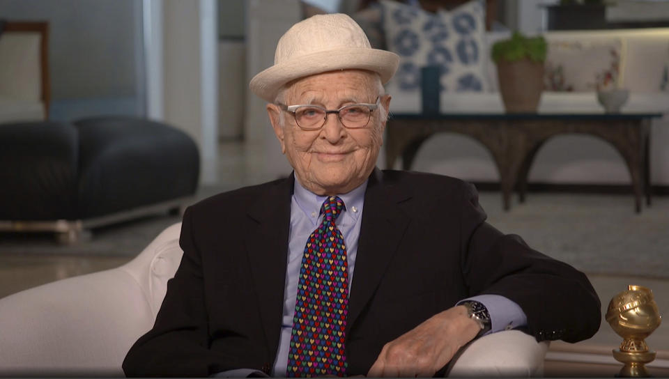 In this video grab issued Sunday, Feb. 28, 2021, by NBC, Norman Lear accepts the Carol Burnett television achievement award at the Golden Globe Awards. (NBC via AP)