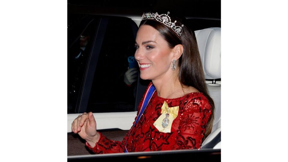 The Princess of Wales wearing the Lotus Flower tiara and her GCVO sash for the Diplomatic reception