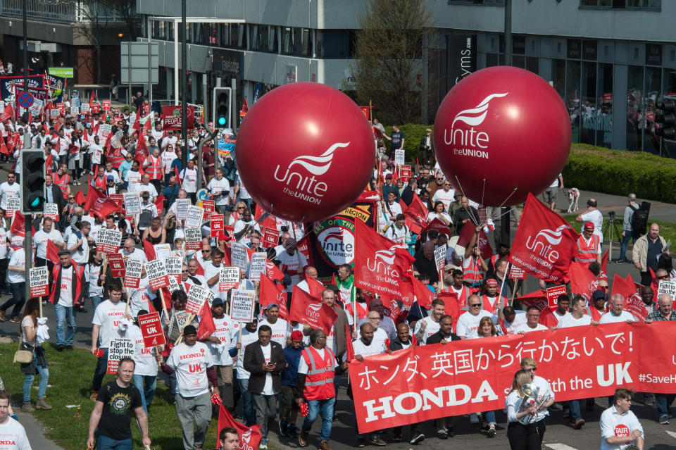 Workers from the Honda plant in Swindon join a march organised by the UNITE Trade Union to protest at the planned closure of the factory on March 30, 2019 in Swindon, England. Honda are planning to shut its Swindon plant in 2021 with as many as 15,000 jobs in the area at risk. (Photo by Guy Smallman/Getty Images)