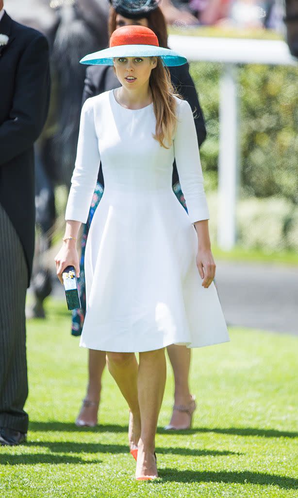 <p>Princess Beatrice wore a bright, color blocked hat with a simple white dress while attending day 3 of <a href="https://www.townandcountrymag.com/society/tradition/g10043681/royal-ascot-photos/" rel="nofollow noopener" target="_blank" data-ylk="slk:Ladies Day;elm:context_link;itc:0;sec:content-canvas" class="link ">Ladies Day</a> at Ascot Racecourse.</p>