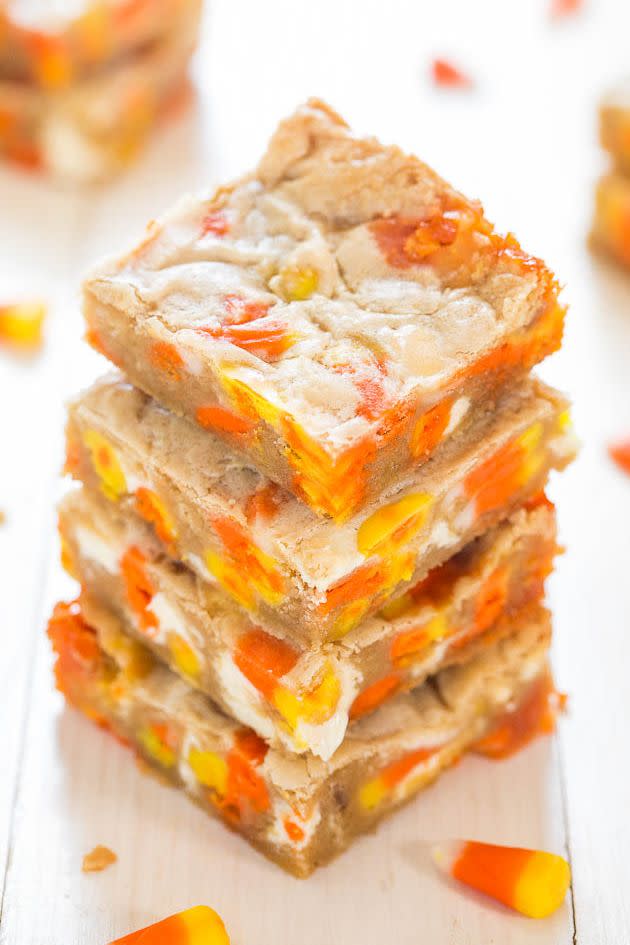 <p>Get your sweet tooth ready—soft and chewy candy corn pairs perfectly with moist blondes.</p><p><strong>Get the recipe at <a href="http://www.averiecooks.com/2014/10/candy-corn-and-white-chocolate-blondies.html" rel="nofollow noopener" target="_blank" data-ylk="slk:Averie Cooks;elm:context_link;itc:0;sec:content-canvas" class="link ">Averie Cooks</a>.</strong> </p>