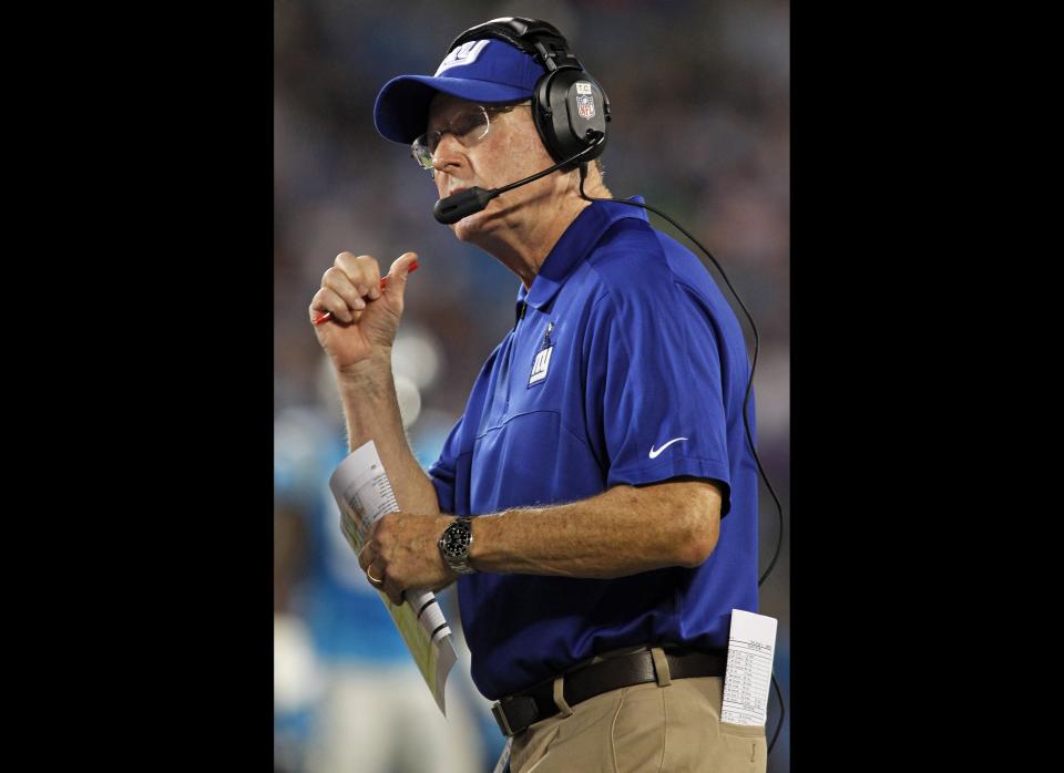 New York Giants head coach Tom Coughlin watches during the first quarter of an NFL football game against the Carolina Panthers in Charlotte, N.C., Thursday, Sept. 20, 2012. 