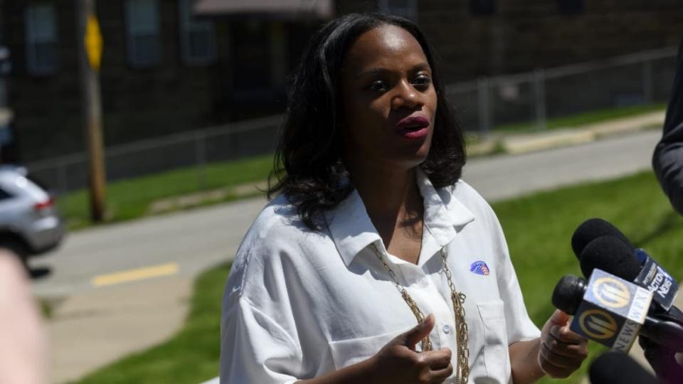 Pennsylvania Democratic U.S. Rep-elect Summer Lee talks to the press outside her polling station on May 17, 2022 at the Paulson Recreation Center after voting with Pittsburgh Mayor Ed Gainey in Pittsburgh. (Photo by Jeff Swensen/Getty Images)
