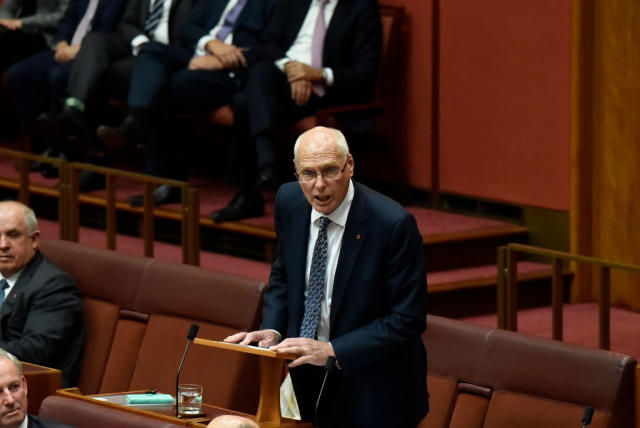 Senator Jim Molan delivers his first speech in the Senate in Canberra, Australia.