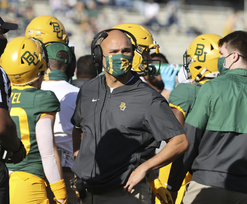 Baylor head coach Dave Aranda looks on during a play review in the first half of an NCAA college football game against Oklahoma State, Saturday, Dec. 12, 2020, in Waco, Texas. (Rod Aydelotte/Waco Tribune-Herald via AP)