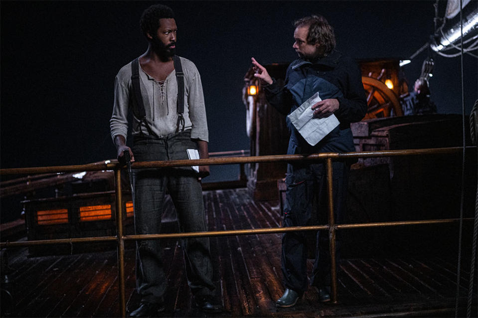 Corey Hawkins and director Andre Ovredal on the set of The Last Voyage of the Demeter.
