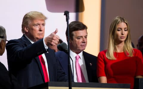  Republican nominee Donald Trump, Campaign Manager Paul Manafort, and his daughter Ivanka Trump at the Republican Convention - Credit: Getty